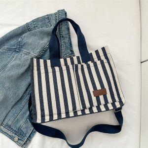 Fashionable Large Capacity Commuter Bag 2023 New Womens Striped Canvas Tote Crossbody Bag Casual Style Zipper Closure