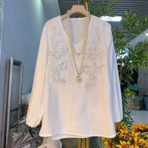 Plus Size Womens Clothing Early Autumn New Arrival Sweet Fashion Woman Shirt K-style Heavy Embroidery Sequins V Neck Slim Fit Slimming Overshirt Fashion