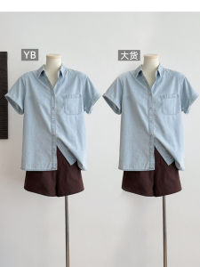 Helloo Eat Pure Cotton Washed Blue Short Sleeve Denim Shirt Summer Casual Thin Outerwear Womens Polo Collar Straight Cut