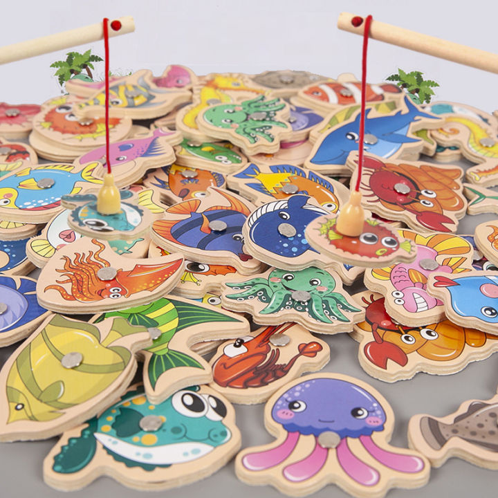 Wooden Magnetic Fshing Game Cartoon Marine Life Cognition Fish Rod Toys ...