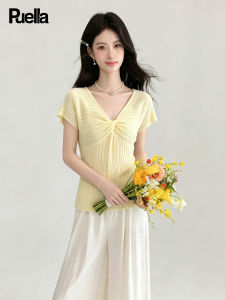 puella | Áo Thun Kẻ Dệt V-Neck Giảm Cân Phong Cách Pháp