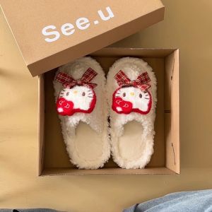 Cute Cartoon Lamb Fur Slippers Womens Outdoor Wearable Anti-Slip Winter New Style Comfortable Soft Plush Slip-On Shoes