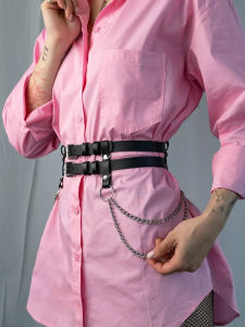 Women Double Belts with Chain Fashion Adjustable Faux Leather Decorative Chain Belt for Dress Punk Rock Style Waist Body Cha