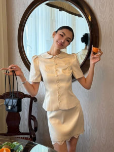 French Fashion Elegance Slimming Doll Collar Short Sleeve Shirt & Skirt Set