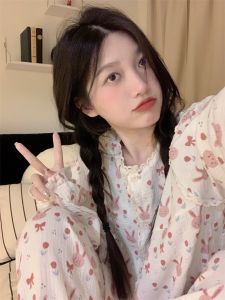 Bộ Đồ Ngủ Ren Dài Tay Rộng Rãi Mùa Xuân Thu Cho Nữ Bộ Đồ Ngủ Cotton Pha Trộn Họa Tiết Hoạt Hình Mùa Thu Thường Ngày