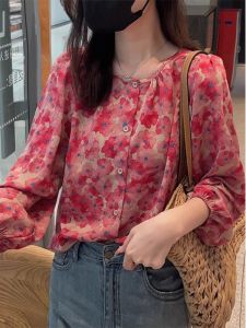 WANGGONGZHU | French Long Sleeve Floral Chiffon Shirt Women Spring Autumn Fashion Lantern Sleeve Top Design Sensation Niche Princess Style