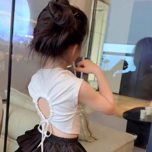 Cute Girls Summer Outfit Set Drawstring Backless T-shirt Pleated Skirt Two-piece Korean Style Cotton Performance Clothes