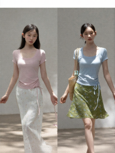 Cantonstory | Áo Thun Ôm Body Cổ U Màu Xanh Phong Cách Hàn Quốc