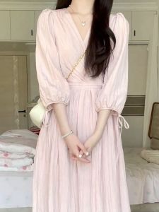 Elegant Pink Summer Dress Gentle ness Ideal Beauty Virgin Pure Color Commute Style V-neck Lantern Sleeve Slim Fit Dress