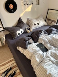 Washed Cotton Quadriple Set with Large Eyes Blue Grid Deep Grey Double Match Student Dormitory Bedding 1.5 Bed Sheet Three Piece Set