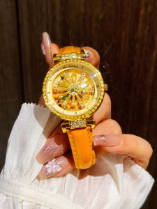 1 Piece of Bright Eye-Catching Fashionable Luxury Womens Watch Inlaid with Rhinestones Equipped with Charming Sunflower Flower Rotating Dial Stainless Steel Case Durable Leather Strap Unique Personalized Design Watch Perfect for Womens Date Gift...