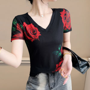 Yimei Châu Âu 2025 mùa hè thời trang lưới định vị hoa áo phông tay ngắn mỏng và phong cách cổ chữ V thanh lịch áo in hình hợp thời trang