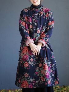 Northeast Large Floral Cotton Linen Womens Winter Vintage Ethnic Print Side Button Cheongsam Loose Cotton Warmth Filled Coat