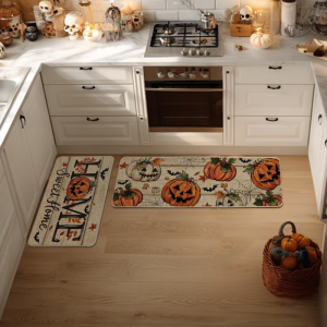 VIKAMA Halloween Kitchen Runner Rug Set Cute Ghost Black Cat Skeleton Non Slip Kitchen Floor Mat Holiday Home Decor