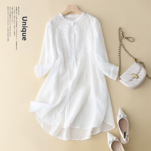 Casual Cotton Linen Mid-Length Shirt Womens Solid Color Embroidered Loose Top Breathable Summer Fashion Button-Up Shirt