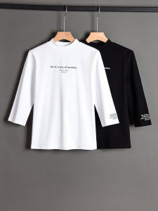 European Goods Three-Quarter Sleeve Black T-Shirt Female 2024 New Arrival Slimming Cotton Print Half Turtleneck Bottoming Shirt Spring and Autumn Fashion