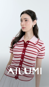 AILUMI - Joyce Striped Top เสื้อไหมพรมลายทาง ถักลายตาข่าย