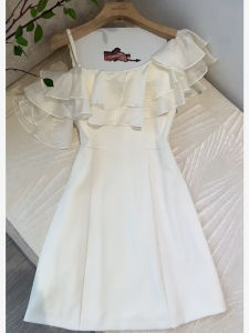 White Asymmetrical Hem Sleeveless Dress Womens Summer Fairy Tale Style One Shoulder Strap High Waist A-Line Skirt Korean Style