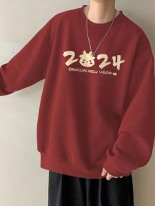 Áo Nỉ Cổ Tròn Dày Dặn Mùa Thu Đông Cho Nam Áo Nỉ Cotton Phong Cách Đường Phố Màu Đỏ Rượu Vang Thường Ngày