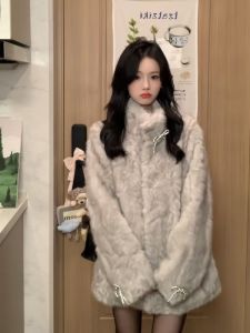 Eco-Friendly Womens Winter Fur Coat Loose Stand Collar Butterfly Knot Lamb Fur Integrated Faux Fur Long Sleeve Mid-Length