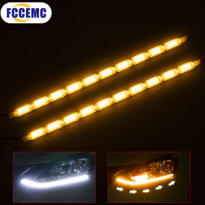 2Pcs DRL LED Daytime Running Light Strip Flexible Waterproof Headlight Turn Signal Yellow Lamp Car Decorative Driving Lights 12v