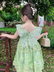 Princess Style Summer Dress for Girls Baby Fashionable Midi Skirt Green Wild Fairy Tale Childrens Clothing Soft Material Easy Care