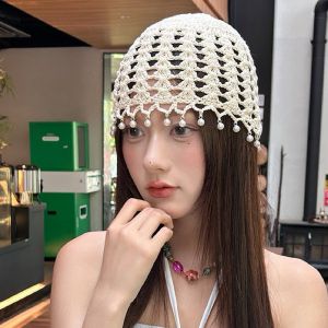 Womens Baotou Hat Handmade Crocheted Ethnic Style Pearl Pendant Knitted Hat Autumn and Winter Womens Versatile Pullover Hat