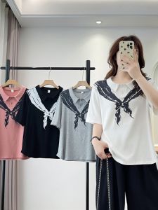 เสื้อยืดแขนสั้นพิมพ์ลายแฟชั่นสำหรับผู้หญิงไซส์ใหญ่ ผ้าพันคอ ทรงหลวม ปกปิดหน้าท้อง กระชับสัดส่วน ลดอายุ ฤดูร้อน 2025