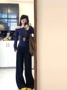 High Waist Wide Leg Pants Womens Loose Fit Black Pleated Denim Jeans Autumn Season High Rise Trousers Straight Cut Long Pants