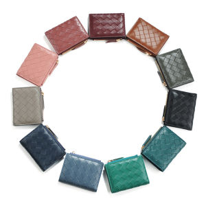 Cross border fashion short style womens wallet sheepskin hand woven short clip multi card real pickup bag wallet for women