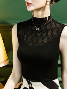 เสื้อยืดคอตั้งทรงสลิมฟิตสำหรับผู้หญิง แขนกุด คอสูงครึ่งตัว ผ้าโมดอล ทรงสลิมฟิต ฤดูใบไม้ร่วง 2025 ใหม่ เสื้อกั๊กผ้าลูกไม้ตัดเย็บ