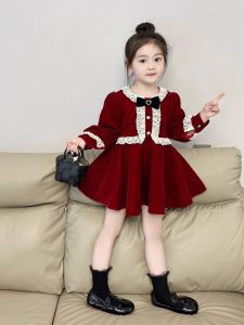 Girls Velvet Fleece Lined Dress Red Birthday Party New Years Fashionable Childrens Autumn Winter Thickened Long Sleeve Skirt
