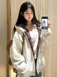 Hooded Zipper Thickened Womens Sweatshirt American Retro Style Patchwork Plaid Open Cardigan Coat Lazy Style Autumn Winter