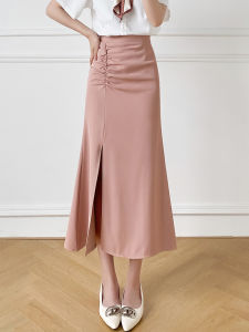 High Waist Asymmetrical Hem A-Line Skirt Womens Pleated Fish Tail Skirt Pink Drapey Suit Skirt Mid-Length Spring Summer