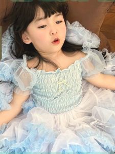 Summer Beach Vacation Princess Dress Childrens Cotton Skirt Sweet Gradient Style Puffy Skirt Blue Lolita Childrens Dress