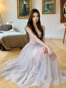 Stunning Long Lace Off-Shoulder Dress Birthday Party Hostess Gown Ins Style Midi A-Line Skirt Sleeveless Elegant Luxury Sensation