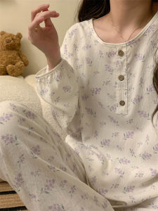 Bộ Đồ Ngủ Cotton Pha Họa Hoa Kiểu Pháp Cho Nữ Mùa Xuân Thu Mỏng Dài Tay Quần Dài Mặc Nhà Ngọt Ngào