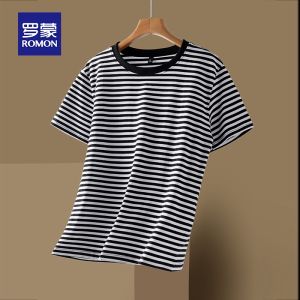 ROMON | Lormen Mens Ice Silk Short Sleeve T-Shirt Summer Stripe Casual Cotton Base Layer Top Fashion Urban Standard Fit Printed Tee