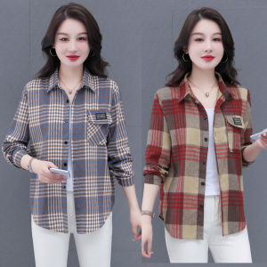เสื้อเชิ้ตผู้หญิงคอโปโลแขนยาวทรงหลวมสไตล์ลำลอง ผ้าฝ้ายแท้ลายสก็อต ทรงบาง แฟชั่นฤดูใบไม้ผลิ ฤดูร้อน เสื้อคลุมกันหนาว