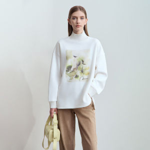 AMII | Winter Warm Turtleneck Printed Pattern Drop Shoulder Loose Fleece Womens Sweatshirt