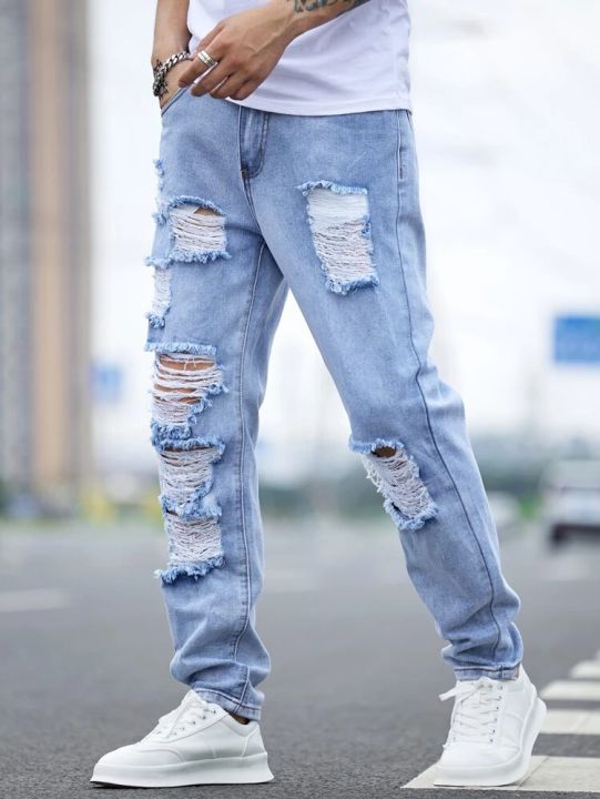 Light Wash Light Destroyed Jeans Men Ripped Frayed Light Wash