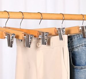[Little B House]Premium Wood Pant Hanger With Stainless Steel Clips Trouser Clothes Rack 裤架 Penyangkut Seluar Kayu -SO43