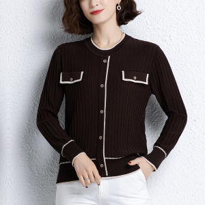 plus Size Silk Knitted Base Shirt Conceal Meat Ice Silk Weight Loss Youthful Korean Style Long Sleeve Low round Neck Button up