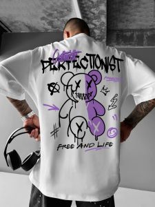 Fashionable mens summer personalized teddy bear print soft and breathable round neck T-shirt outdoor city high street top