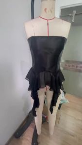 Black Strapless Bustier Top Structured Corset with Flowy Asymmetric Skirt Detail