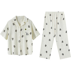 Hodo | Pure Cotton Sleepwear Short Sleeve Long Pants Double Layer Mesh Breathable Thin Air Conditioner Suit Cartoon Outdoor Home Clothes Set For Women