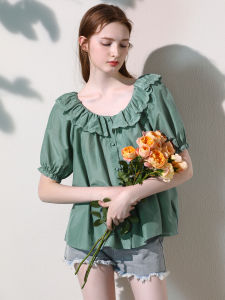 Miccbeirn | Elegant Summer Silk Cotton Embroidered Short Sleeve French Collar Fresh Gentle Forest Lady Top Sweet Style Bubble Sleeve Shirt