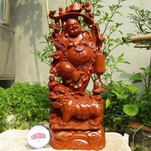 Tượng Phật Di Lặc Ngũ Phúc Cưỡi Nghê Gỗ Hương Nguyên Khối Đủ Kích Thước.