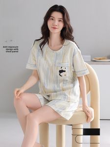miiow | Pure Cotton Sleepwear Womens Summer Short Sleeve Shorts Home Clothes Set With Chest Pad Breathable Comfortable Lightweight