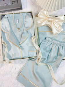 Tiffany Blue Butterfly Ice Silk Sleepwear Womens Summer New Style Three-piece Set Home Clothes Short Sleeve Short Pants Casual Outfit
